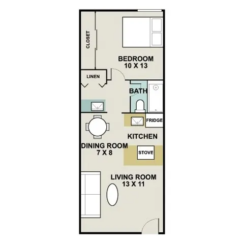 A floor plan of a small apartment with a bedroom, living room, kitchen, and dining room.